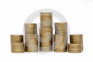 Close up of coins to stack of coins,  Business Growth concept, There is money coins to stack of coins. White background