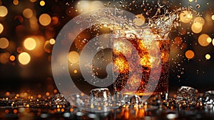 Close-up of a cola drink flowing on a dark background.