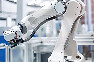 close-up of collaborative robot arm, with view of factory floor visible in the background