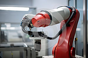 close-up of collaborative robot arm, with view of factory floor visible in the background