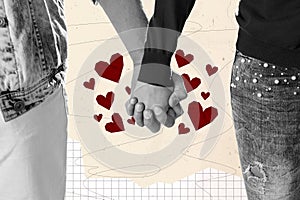 Close up collage romantic couple hands holding each other together lgbt family closeness concept isolated on beige color