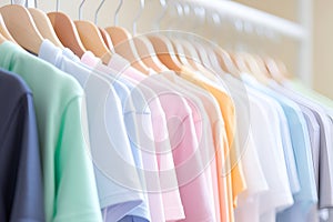 Close up collection of pastel t-shirts hanging on wooden clothes hanger