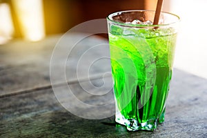 Close up color green fresh softdrink in Thai old vintage style.