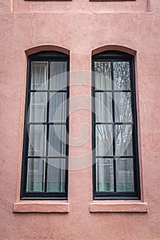 Close up of the color windows of a colonial era home