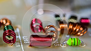Close-up of colored air-core coils wire windings for receiving radio-frequency signal