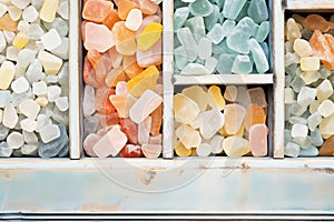 close up of colored crystal samples in a storage box