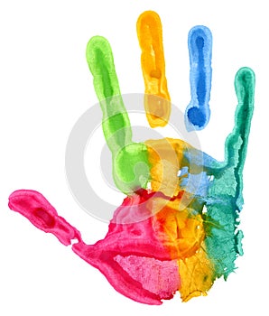 Close-up of colored hand print on white background
