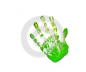 Close up of colored hand print on white background