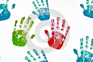 Close up of colored hand print on white background