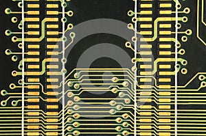 Close up of colored micro circuit board. Abstract technology background. Computer mechanism in detail