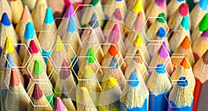 Close up of colored pencils with hexagon flat for text, elements of Honeycomb. Education concept