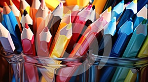 Close-up of colored pencils. Hyperrealism, pop art, contemporary figurative art.