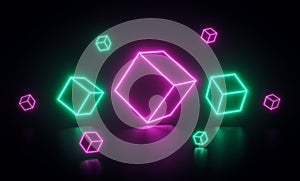 Colorful abstract neon cubes. glowing pink and green lines or shapes. 3d rendering