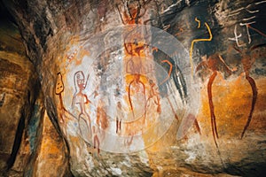 close-up of colorful ancient cave art symbols