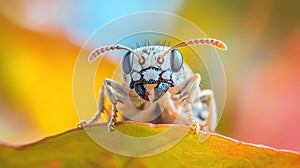 Close-up of a colorful ant on a leaf