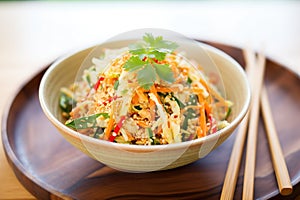 close-up, colorful asian slaw with peanut sprinkle