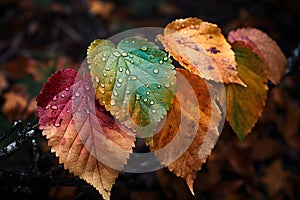 Closeup of colorful aspen tree leaves hanging on tree branch with water drops