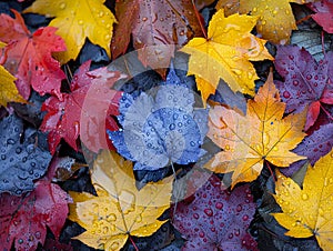 Close-up of colorful autumn leaves on a forest floor