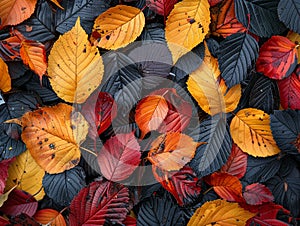 Close-up of colorful autumn leaves on a forest floor