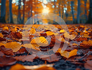 Close-up of colorful autumn leaves on a forest floor