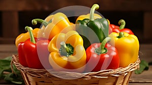 Close up of colorful bell peppers in a charming rustic basket