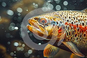 Close up of Colorful Brown Trout Salmo trutta Underwater with Textured Background and Bubbles