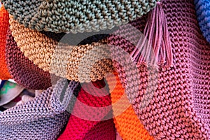 Close up of colorful caps for sale in a market in a souk in the Medina around the Jemaa el-Fnaa square in Marrakesh