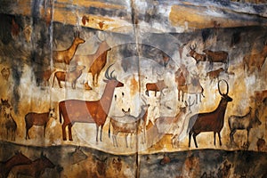 close-up of a colorful cave painting depicting animals