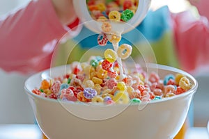 Close-up of colorful cereal falling into bowl in child& x27;s breakfast