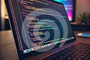 Close-up of colorful code lines on a screen for programming and technology themes - generated by ai