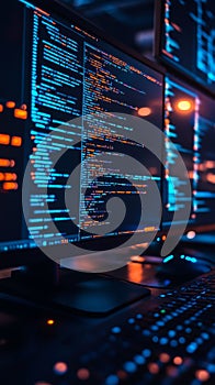 Close-up of colorful coding displayed on multiple monitors