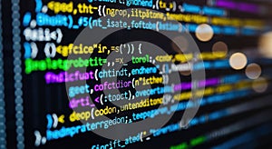 Close up of colorful computer code displayed on a dark screen with bokeh effects