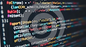 Close up of colorful computer code displayed on a digital screen abstract technology background