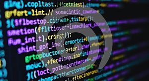 Close-up of colorful computer code glowing on a digital screen with a blurry background