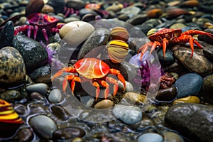 close-up of colorful crabs among vibrant tidal pool rocks