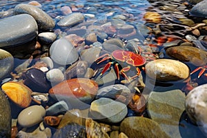 close-up of colorful crabs among vibrant tidal pool rocks