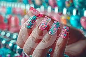 Close up of Colorful Decorated Nails with Floral Patterns Over a Sparkling Background Suggesting Fashion and Beauty Style