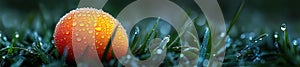 A Close-up of a Colorful Easter Egg on Grass with Dew Drops