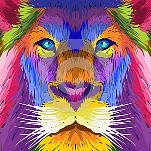 Close up colorful face lion pop art portrait isolated decoration