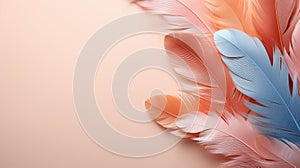 Close up of colorful feathers with soft light and shadow. Peach Fuzz and blue color background