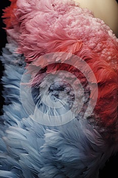 A close up of a colorful feathery object with red, blue and white, AI