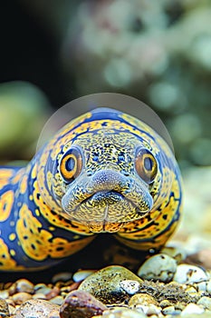Stunning Close-Up of a Vibrant Yellow and Blue Spotted Eel on Pebbles
