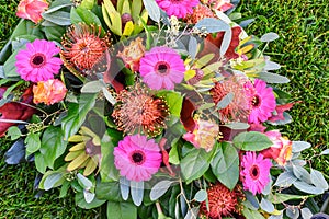 Close up of colorful flower arrangement.