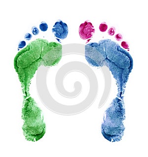 Close up of colorful foot prints isolated on white