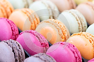 Close up of colorful  french macarons.