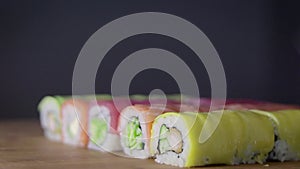 Close-up of colorful fresh rolls. Sushi set.