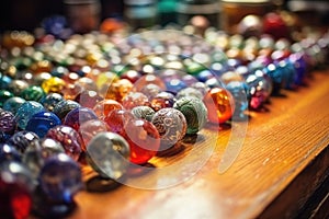 close-up of colorful glass beads on a workbench
