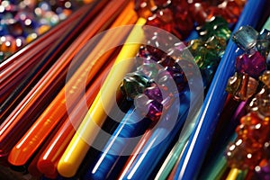 close-up of colorful glass rods for bead making