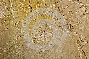 Close-up of colorful golden bronze plastered uneven stucco wall. Abstract texture, chaotic copy space background. Decorative