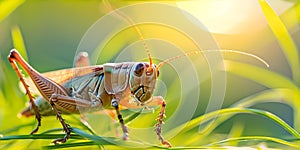 Close-up of a colorful grasshopper in natural sunlight, nature photography style, ideal for educational content. AI